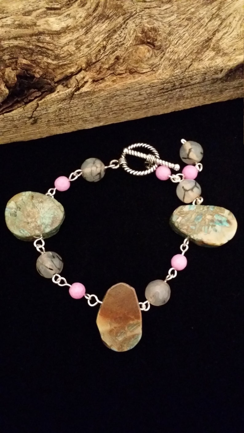 Turquoise jasper, pink jade linked bracelet image 1