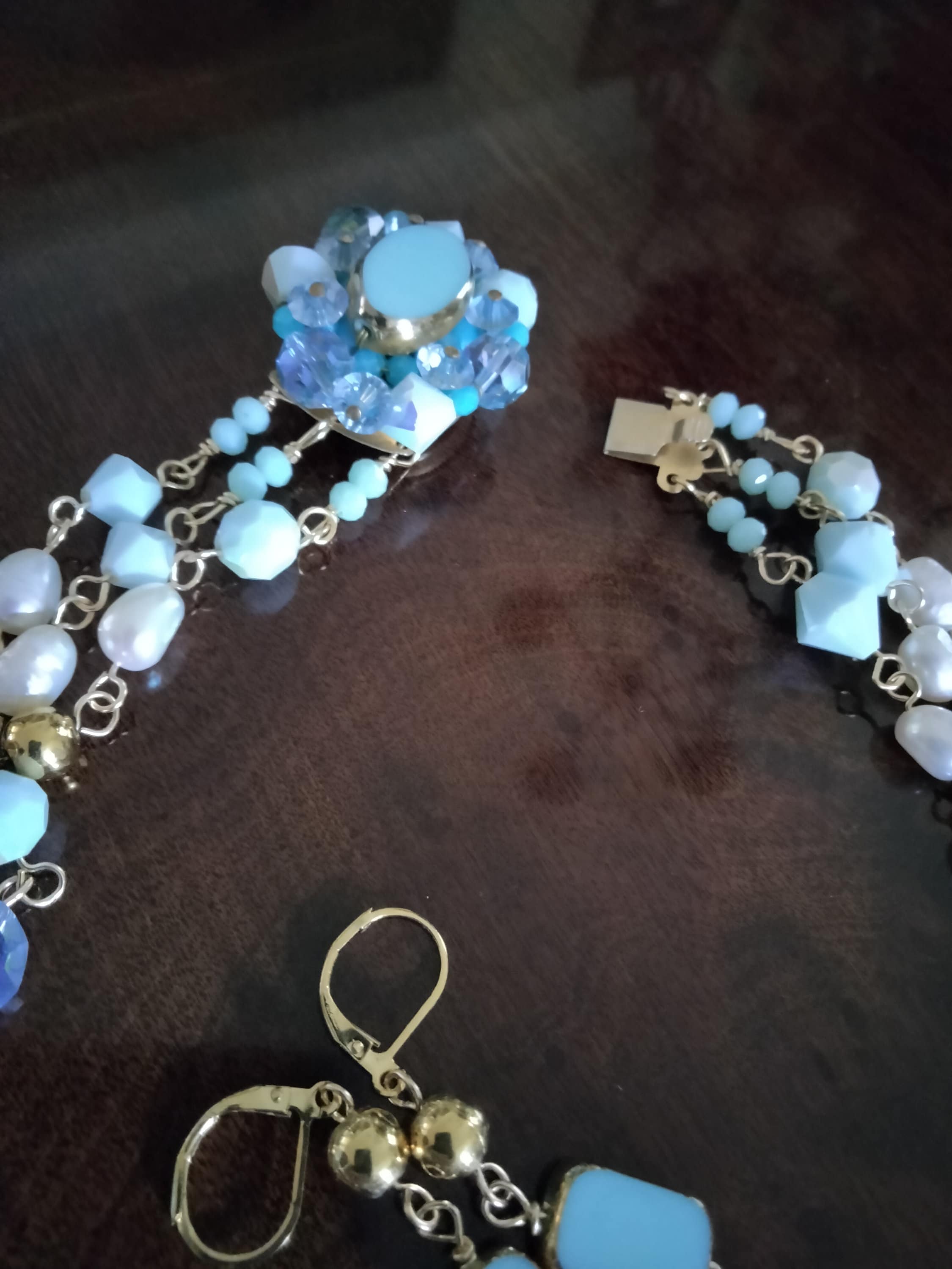 Collier Ancien Vintage Perles Bleues - 3 Rangées - Modèle C1 - Occasion Très Bon état - Bijou Rétro