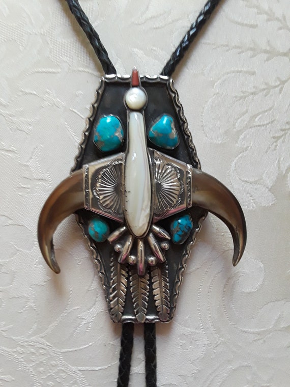 Sterling silver old pawn Thunderbird bolo - image 3