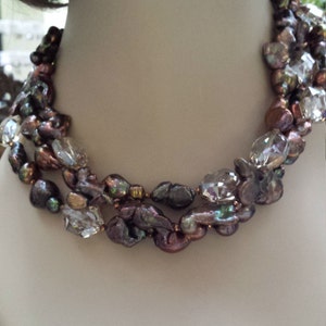 three strand brownish freshwater pearl and faceted smokey crystal necklace