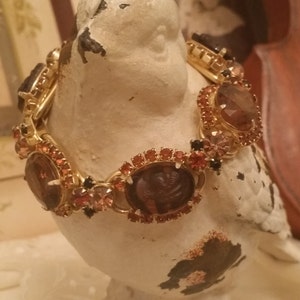 Beautiful Vintage Costume Bracelet with Brown and Orange Glass Stones and Unique Victorian Style Engraving image 1