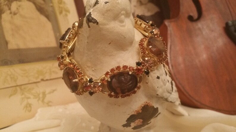 Beautiful Vintage Costume Bracelet with Brown and Orange Glass Stones and Unique Victorian Style Engraving image 1