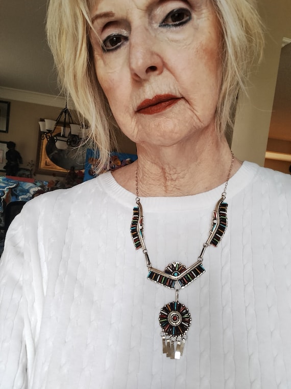 Zuni multi colored stone Petit Point Sterling Sil… - image 1