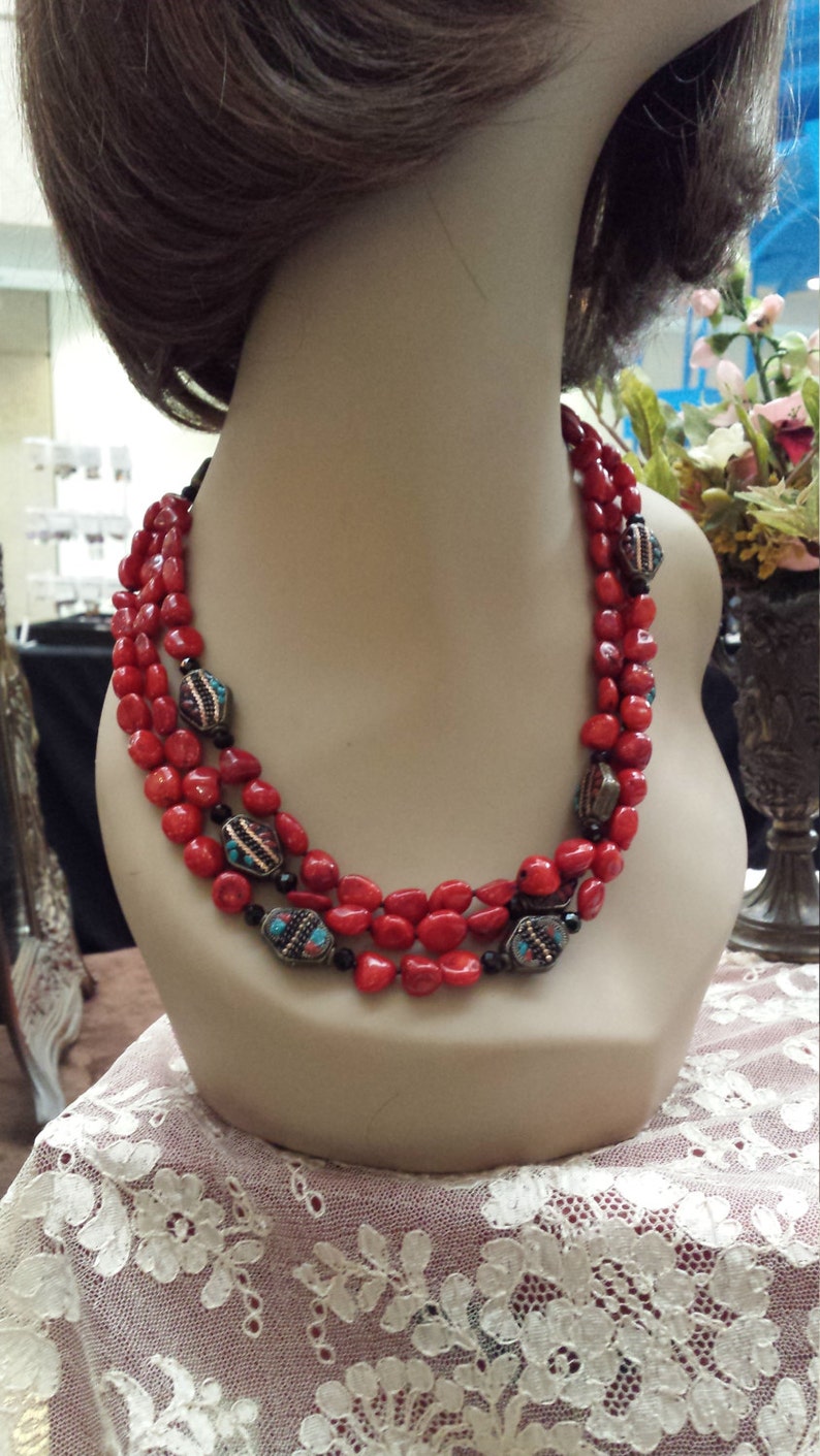 three strand coral necklace with contrast beads image 1