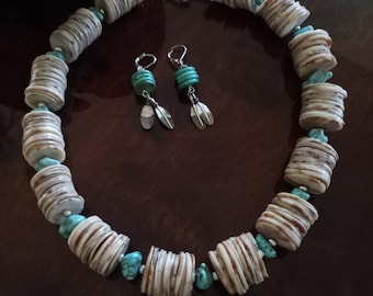 Shell and turquoise nugget necklace with earrings