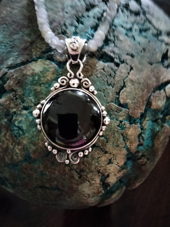 Sterling Silver vintage black onyx stone pendant … - image 1