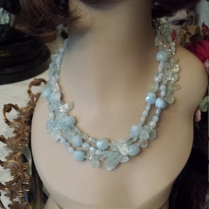 Aquamarine natural stone three strand necklace