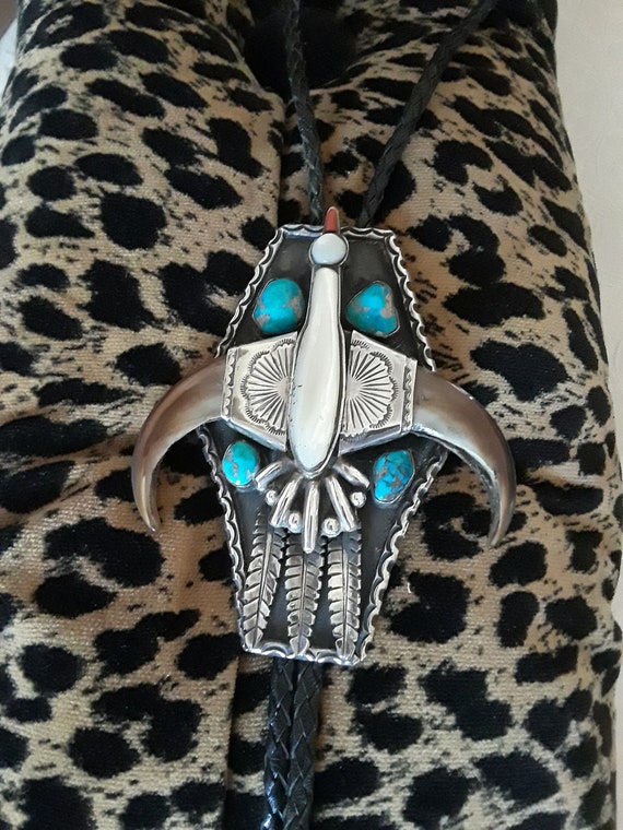 Sterling silver old pawn Thunderbird bolo - image 7