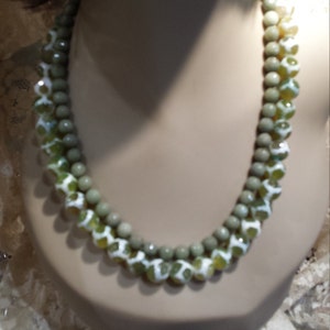 Two strand beaded necklace made with faceted jade and painted jasper