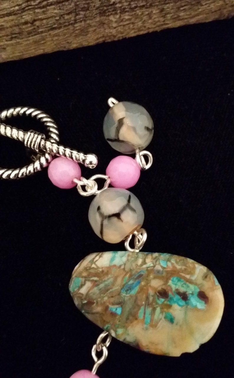 Turquoise jasper, pink jade linked bracelet image 3