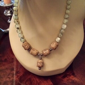 Carved natural jade and Mossy green jasper necklace with center drop