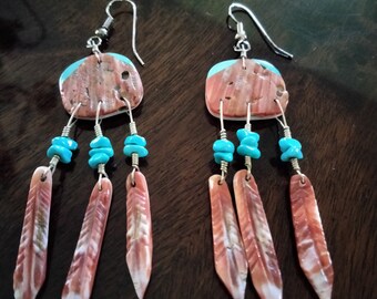 Sterling Silver spiney oyster and turquoise dangle feather earrings