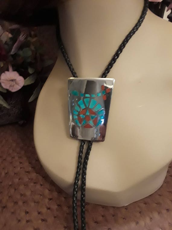 Shriner Sterling silver turquoise and coral Zuni i