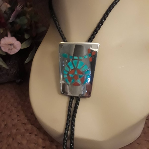 Shriner Sterling silver turquoise and coral Zuni inlaid bolo