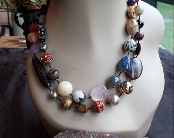 Two strand beaded faceted necklace made with assorted semi precious stones