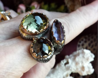 Sterling silver citrine,  amythyst and smokey topaz ring,  size 8 - 8 1/4