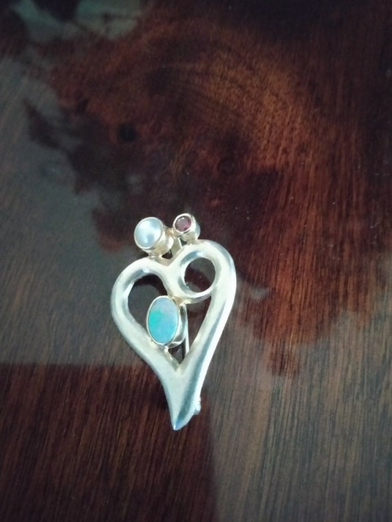 Sterling Silver Opal, pearl and garnet heart penda