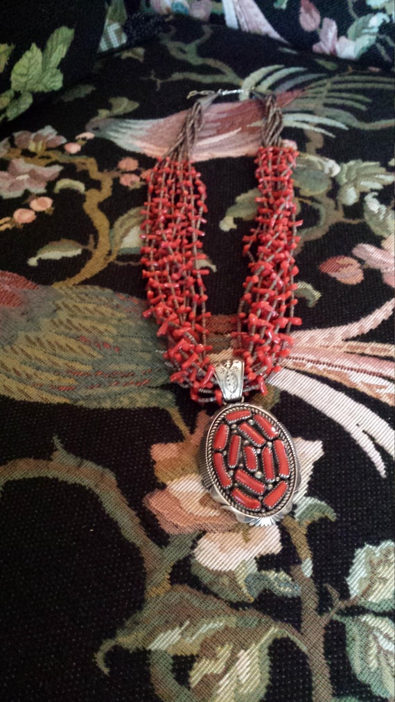 Native American coral ten strand necklace with ste