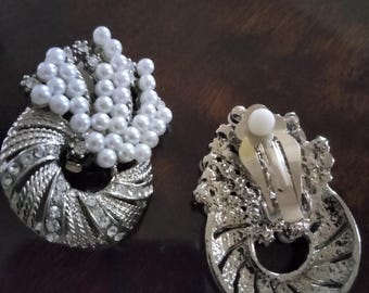 Boucles D'oreilles Vintage Clips Argentées Avec Perles De Cristal - État Impeccable - Bijou Fantaisie Ancien