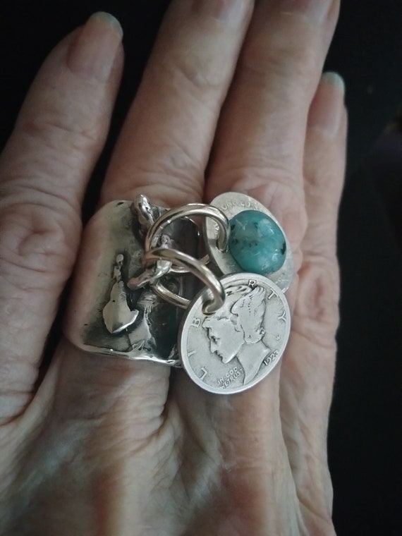 Mercury dime charm wide band sterling and turquoi… - image 5