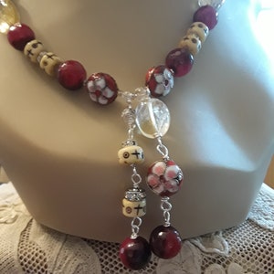 Beautiful Burgundy Jasper, Crystal, Citrine, Bone and Cloisonne Floret Beaded Necklace with Unique 3 Strand Drop zdjęcie 2