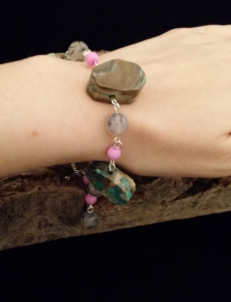 Turquoise jasper, pink jade linked bracelet image 5