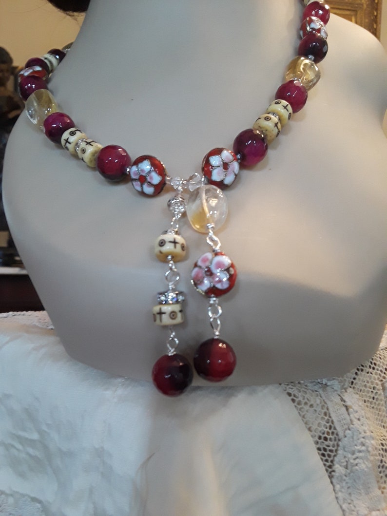 Beautiful Burgundy Jasper, Crystal, Citrine, Bone and Cloisonne Floret Beaded Necklace with Unique 3 Strand Drop zdjęcie 3