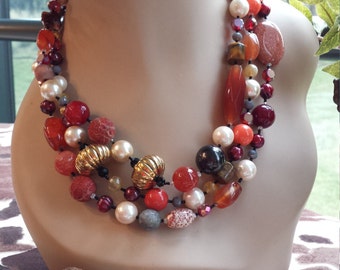 Three strand Semi-precious stone designer necklace made with carnelian, tiger eye, pearl, agate, sponge coral and more