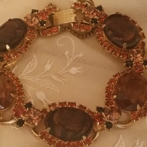 Beautiful Vintage Costume Bracelet with Brown and Orange Glass Stones and Unique Victorian Style Engraving image 2