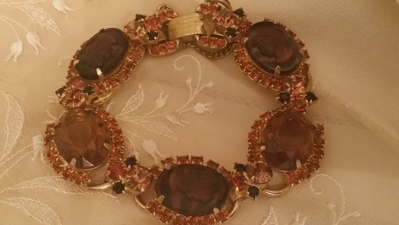 Beautiful Vintage Costume Bracelet with Brown and Orange Glass Stones and Unique Victorian Style Engraving image 2