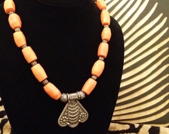 Orange Coral and Sterling Silver Bead Necklace with Unique Sterling Silver Pendant