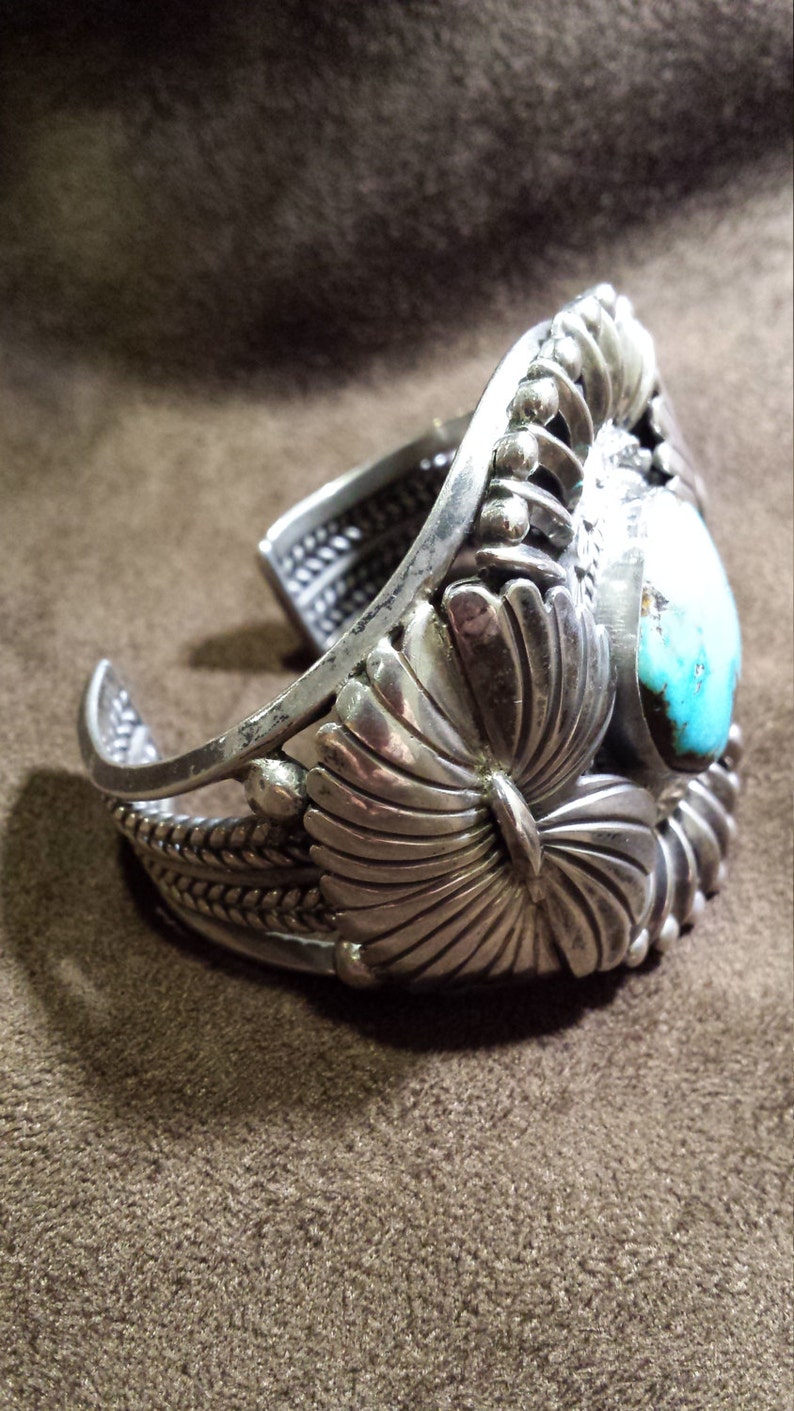 Navajo Handcrafted Marked Turquoise Sterling Stamped Cuff Bracelets main image 0
