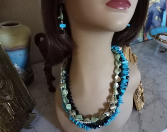Five strand turquoise, pearl  and shell necklace with matching earrings