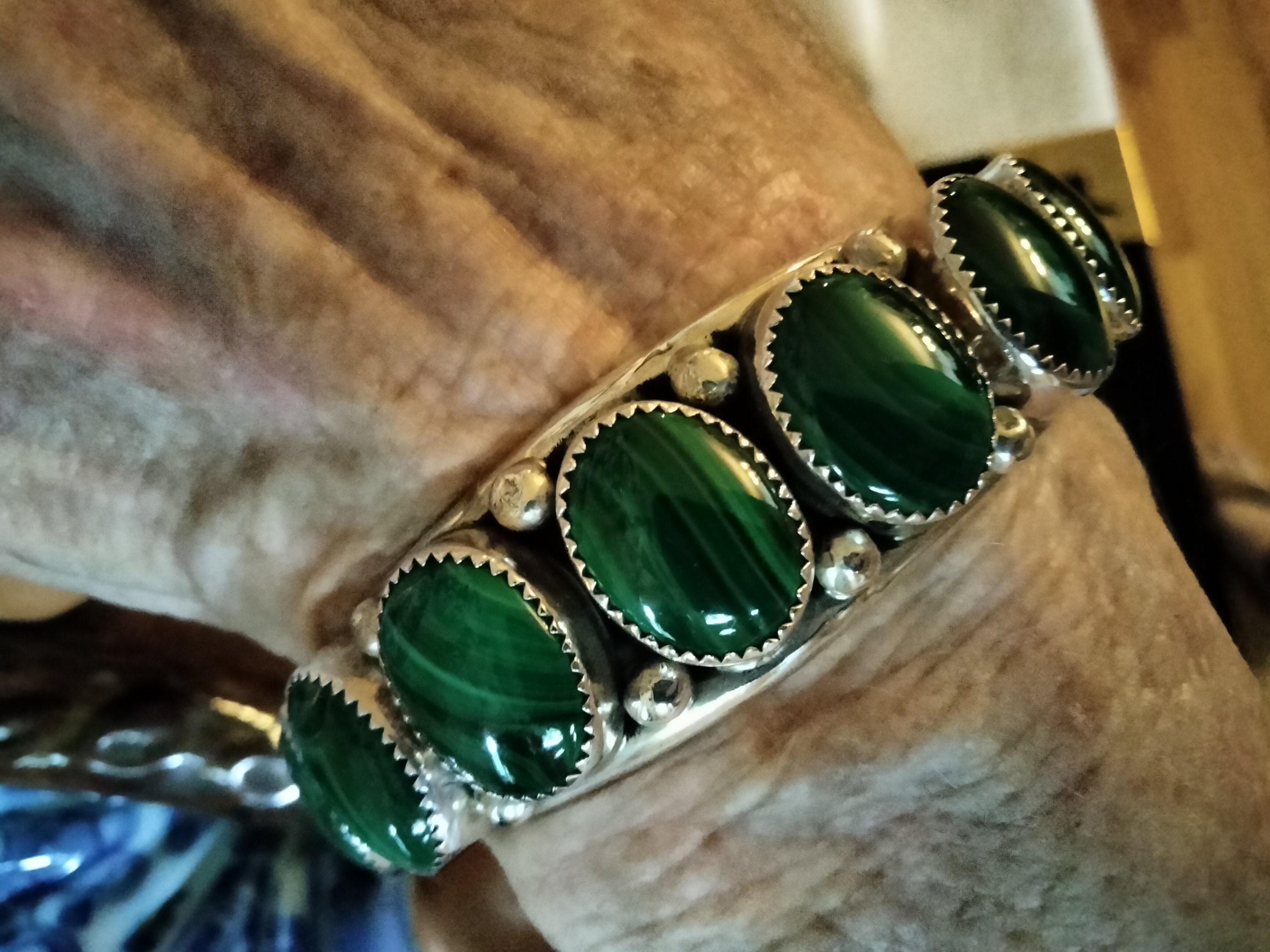 Manchette Sterling Argent 925 Domingo – Mexique, Malachite Verte, Style Brutaliste