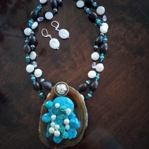 Turquoise pendant two strand necklace with earrings