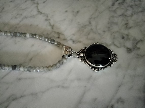 Sterling Silver vintage black onyx stone pendant … - image 2