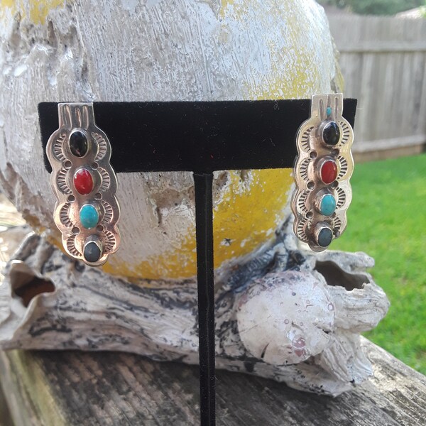 Sterling Zilver turquoise, lapiz, koraal en denim lapiz stud vintage oorbellen