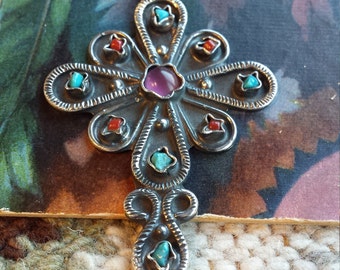 Sterling silver vintage turquoise, coral and amythyst cross