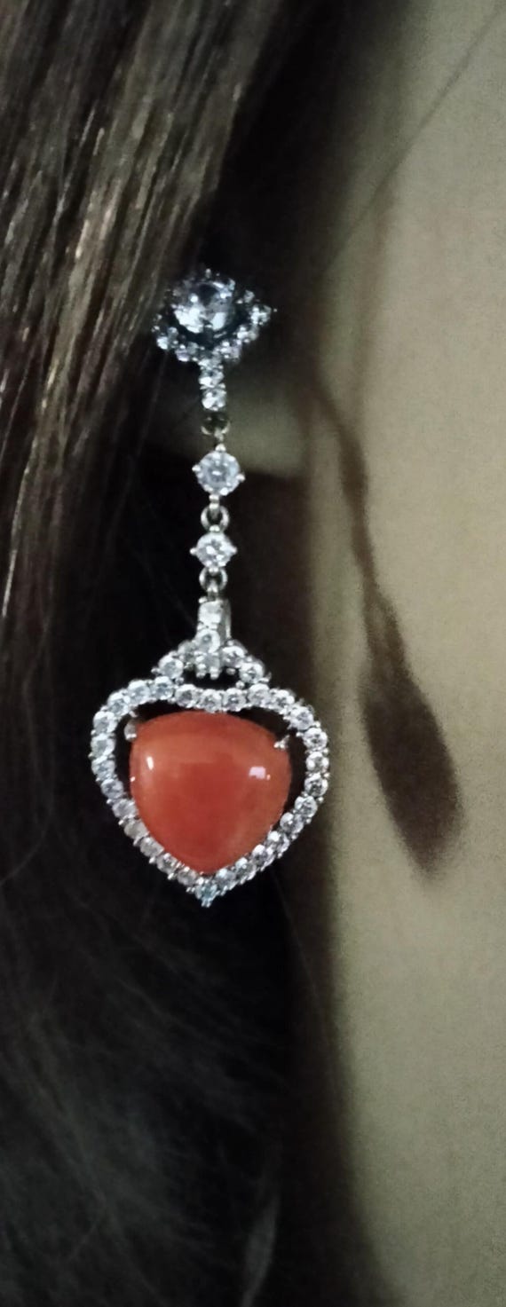 Sterling Silver carnelian drop dangle Swarovski outlined heart earrings