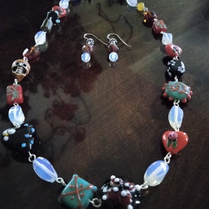 Artist glass beaded necklace with matching earrings