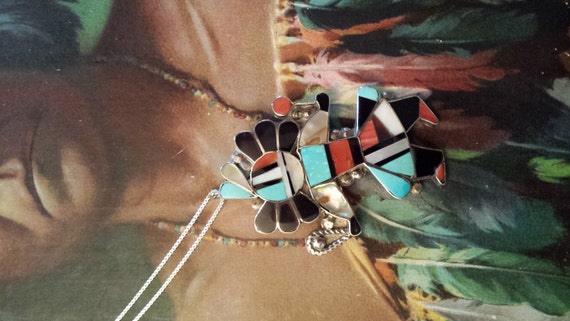 Sterling silver Zuni inlaid pendant-pin - image 5