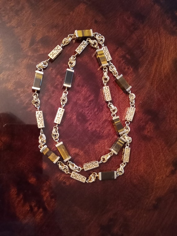 Gold tiger eye long vintage necklace with Clip-On 