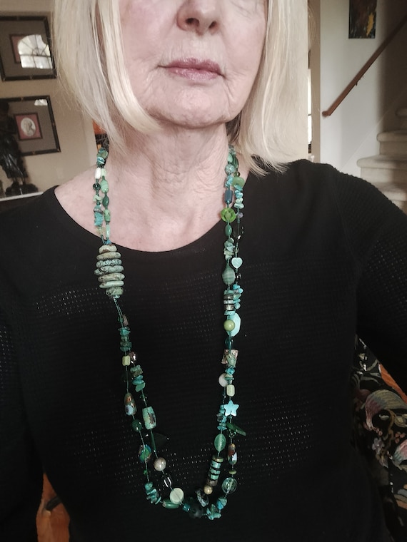 Turquoise long two strand vintage necklace