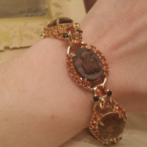 Beautiful Vintage Costume Bracelet with Brown and Orange Glass Stones and Unique Victorian Style Engraving image 4