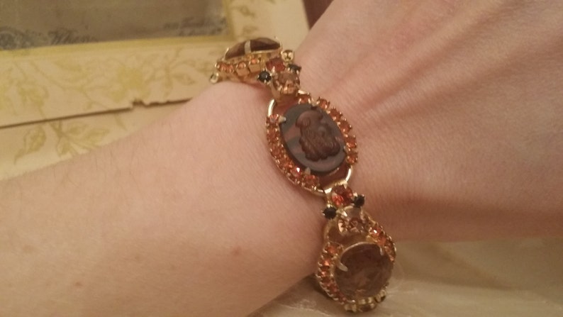 Beautiful Vintage Costume Bracelet with Brown and Orange Glass Stones and Unique Victorian Style Engraving image 4