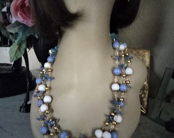 Blaue Jade-Vintage-Kristall-Halskette mit 18 Karat Goldfüllung, dreisträngige Halskette mit passendem Armband und Ohrringen