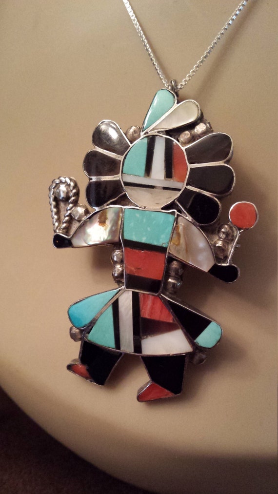 Sterling silver Zuni inlaid pendant-pin - image 2