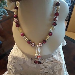 Beautiful Burgundy Jasper, Crystal, Citrine, Bone and Cloisonne Floret Beaded Necklace with Unique 3 Strand Drop zdjęcie 1