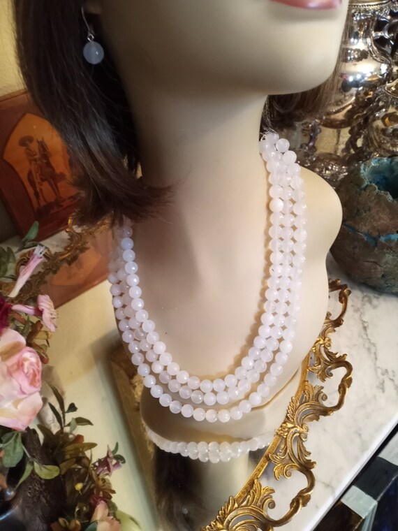 White Jade nephrite Three Strand Necklace With Earrings Etsy