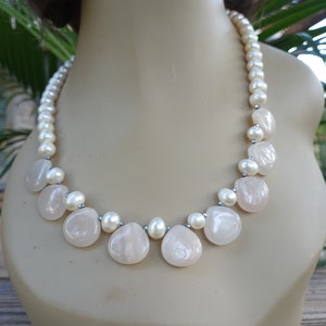 Freshwater pearl necklace with teardrop pink jade drops and matching earrings